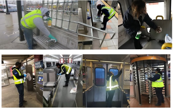 SEPTA employees cleaning benches, rails, doors, and turnstiles