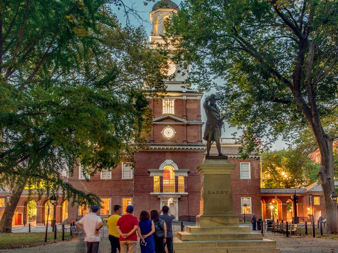 tourists visit the plaza outside Independence Hall