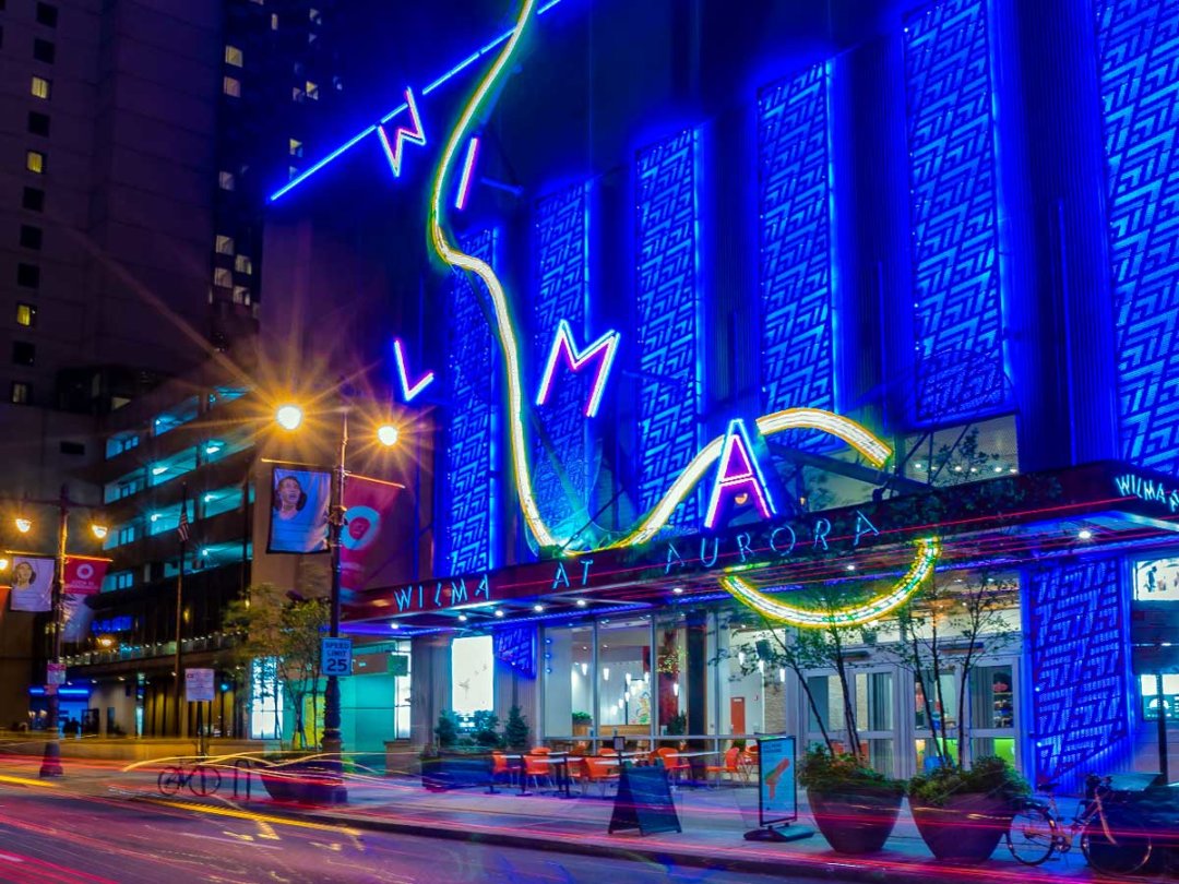 the front of the Wilma Theater at night