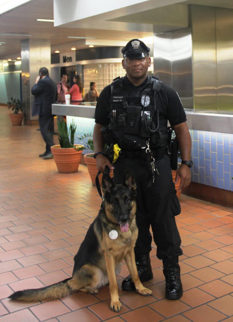 K9 Jagger and his handler, Officer Jackie Trower, in Jefferson Station